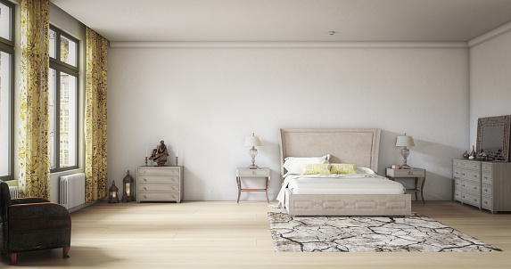 Digitally generated classy Scandinavian style master bedroom interior design.\n\nThe scene was rendered with photorealistic shaders and lighting in Autodesk® 3ds Max 2020 with V-Ray 5 with some post-production added.