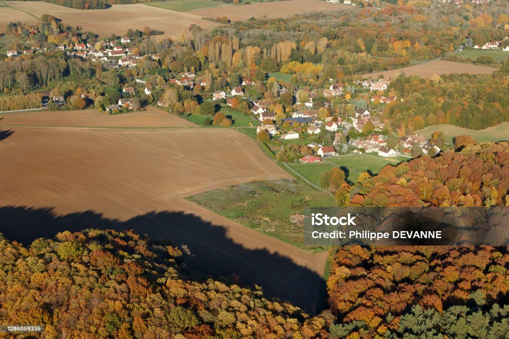 Saint Cyr sous Dourdan seen from the sky Aerial photo of Saint Cyr sous Dourdan in Autumn 2015, 91410, Essonne department, Île-de-France region Aerial View Stock Photo