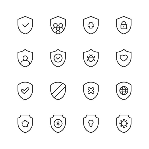 Shield Line Icons. Editable Stroke. Pixel Perfect. For Mobile and Web. Contains such icons as Badge, Award, Coat of Arms, Insignia, Privacy, Royalty, Military, Armour, Insurance, Hospital, Healthcare, Coronavirus, Vaccine, Family, Savings, Bug. 16 Shield Outline Icons. Shield, Badge, Achievement, Antivirus Software, Award, Coat of Arms, Decoration, Defending, Firewall, Frame, Honour, Insignia, Label, Privacy, Protection, Retro Style, Royalty, Safety, Security, Service, Sticker, Web Banner, Logo, Military, Ornate, Traditional Armour, Prevention, Defense, Guard, Equipment, Danger, Emblem, Guardian, Insurance, Hospital, Healthcare, Coronavirus, Family, Savings, Bug. safety stock illustrations