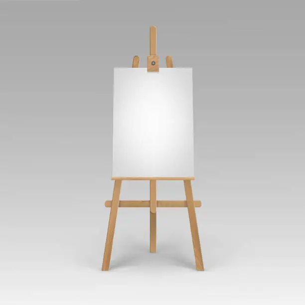 Vector illustration of Vector Wooden Brown Sienna Easel with Mock Up Empty Blank Vertical Canvas Isolated on Background