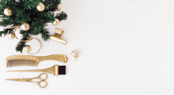 Banner With Hairdressing Tools In Gold Color And A Christmas Tree On A  White Background Holiday Template With Hair Salon Accessories With Space  For Text Stock Photo - Download Image Now - iStock