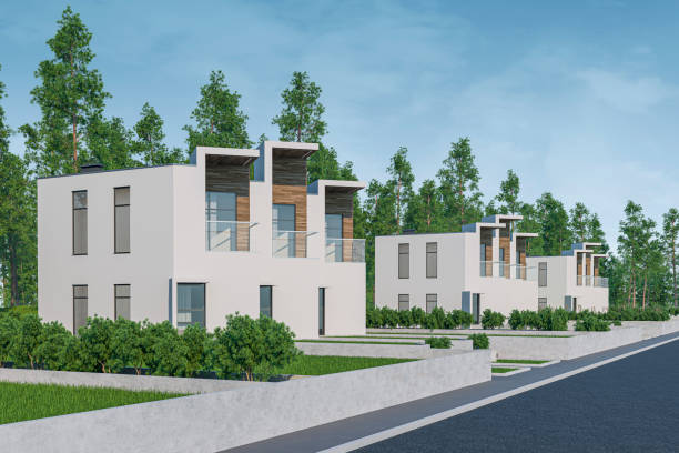 rendering 3d della moderna casa a schiera leggera accogliente piccola casa in vendita o in affitto con molte erba sul prato. alla luce del giorno con un cielo blu chiaro. vista prospettica della strada - clear sky residential district house sky foto e immagini stock