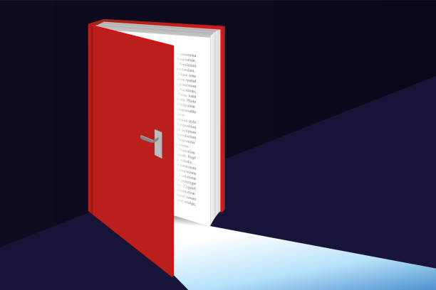 A concept of education with a book that opens up by symbolizing access to knowledge. Concept of knowledge with a book that opens as an open door to knowledge symbolized by light. wisdom illustrations stock illustrations