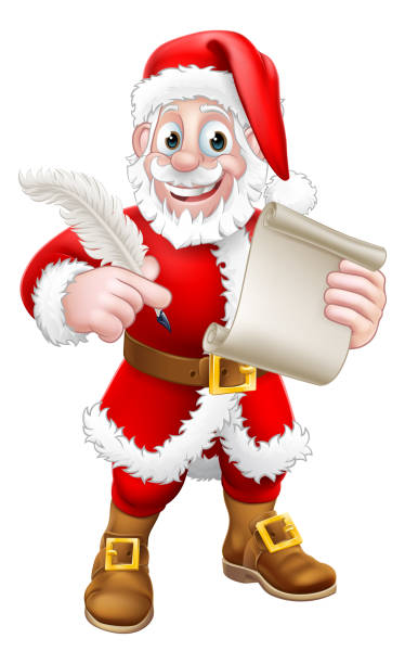 Santa Claus Quill Pen Scroll Letter Cartoon Santa Claus cartoon character holding a quill pen and scroll or letter. Christmas gift, naughty and nice list or letter to Santa concept. clip art of scroll quill stock illustrations