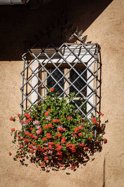 istock Window with red geraniums and wrought iron security bars - Trentino Italy 1284067802