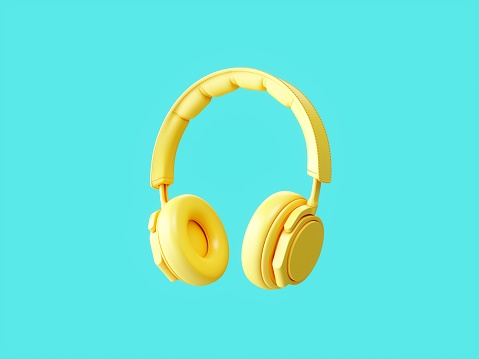 3D Rendering Yellow headphones isolated on blue background.