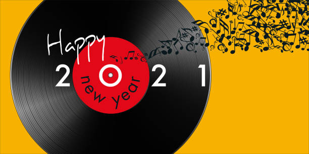 2021 music-themed greeting card with a vinyl record and notes. Greeting card for the year 2021 on the concept of music, with the symbol of a vinyl record and a note banner that fly away. disco themed party stock illustrations