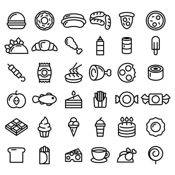 ilustrações de stock, clip art, desenhos animados e ícones de set abstract doodle elements hand drawn collection fast food pizza hamburger snack drink croissant sketch vector design style background menu illustration icons - sandwich sketch cartoon line art