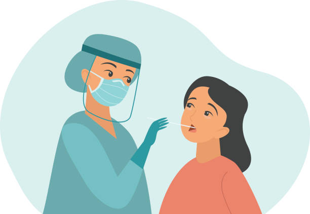 doctor nurse taking Covid-19 or Coronavirus test or DNA test to a young woman with nasal swab probe professional doctor nurse taking Covid-19 or Coronavirus test or DNA test to a young woman with nasal swab probe. cartoon character flat vector illustration medical swab stock illustrations