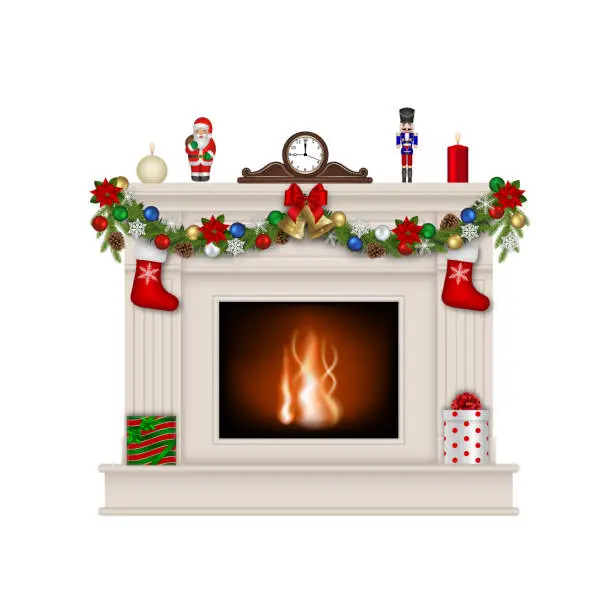 Vector illustration of white fireplace with christmas decorations