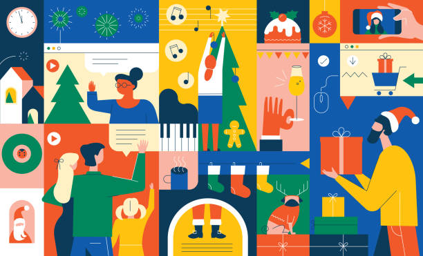 ilustrações de stock, clip art, desenhos animados e ícones de december holidays vibrant concept - gift santa claus christmas present christmas