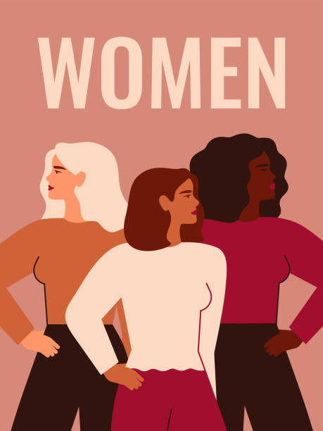 ilustrações de stock, clip art, desenhos animados e ícones de women's day card. strong girls of different cultures and ethnicities stand side by side. vector concept of gender equality and of the female empowerment movement. - three people women teenage girls friendship