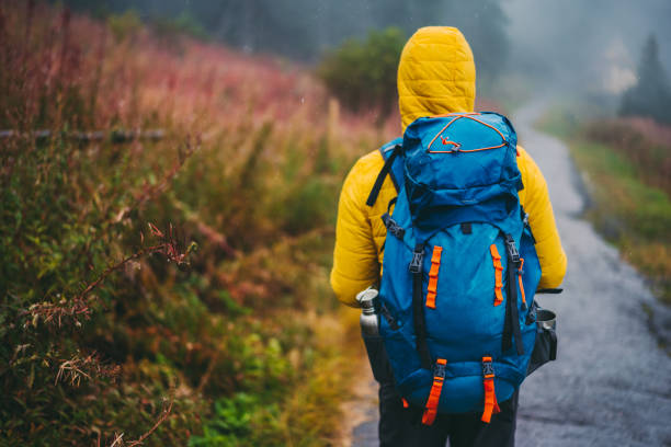 istock Tourist man hiking alone in nature 1284072241