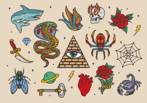 Vintage tattoos collection Vintage tattoos collection with colorful designs on light background isolated vector illustration snake anatomy stock illustrations