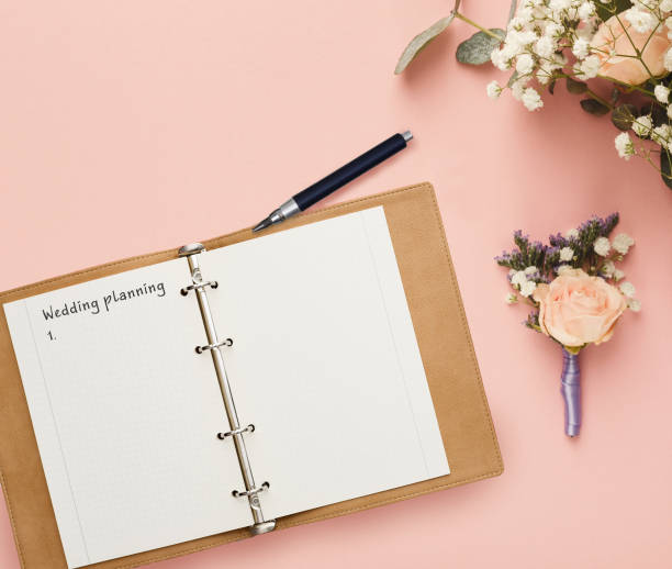 istock Notepad with wedding planning checklist and bridal flower bouquet composition, creative background 1284073807