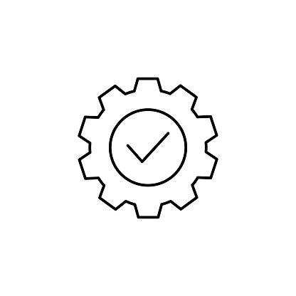 Gear with check mark line icon. Technical approve linear symbol. Vector illustration isolated on white