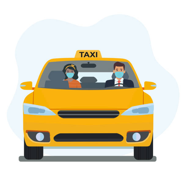 stockillustraties, clipart, cartoons en iconen met bestuurder en passagier in een medisch masker in een taxi. taxidienst. illustratie voor vectorflate stijl - man met mondkapje