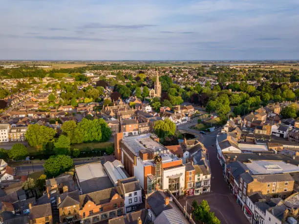 Aerial view of Spalding Town Centre south of the river including South Holland Centre, Church of St Mary and St Nicholas & River Welland