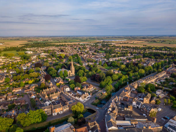 Spalding, UK, Aerial Aerial view of Spalding Town Centre south of the river including South Holland Centre, Church of St Mary and St Nicholas & River Welland fen photos stock pictures, royalty-free photos & images