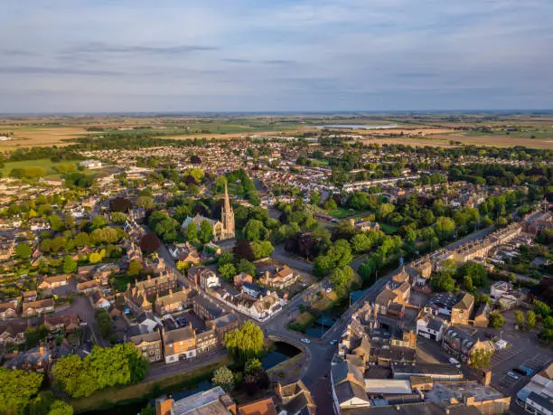 Aerial view of Spalding Town Centre south of the river including South Holland Centre, Church of St Mary and St Nicholas & River Welland