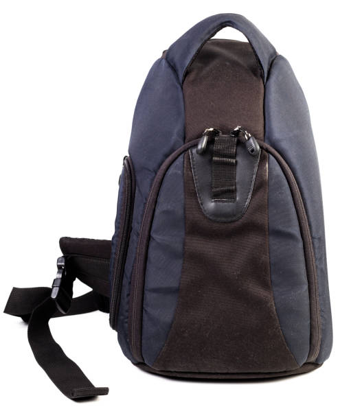 istock Used black and blue fabric camera bag isolated on white background 1284076706
