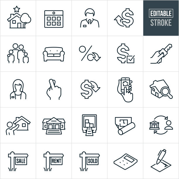 Real Estate Thin Line Icons - Editable Stroke A set of real estate icons that include editable strokes or outlines using the EPS vector file. The icons include a house, house selection, calendar, male real estate agent, female real estate agent, rising costs, lower costs, family, furniture, low interest rate, mortgage, house key, fingers crossed, home search on smartphone, house search using a magnifying glass, real estate agent showing home, bank, moving truck, blueprint with floor plan, real estate sign, sale sign, rent sign, sold sign, calculator and a signed contract to name a few. house key icon stock illustrations