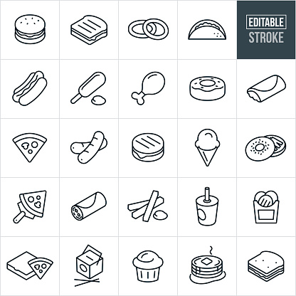 A set of fast food icons that include editable strokes or outlines using the EPS vector file. The icons include a hamburger, grilled cheese sandwich, onion rings, taco, hotdog, corndog, chicken leg, doughnut, burrito, pizza, ice cream cone, bagel with cream cheese, pizza slice, breakfast burrito, french fries, soft drink, Chinese food, muffin, pancakes and a sandwich.