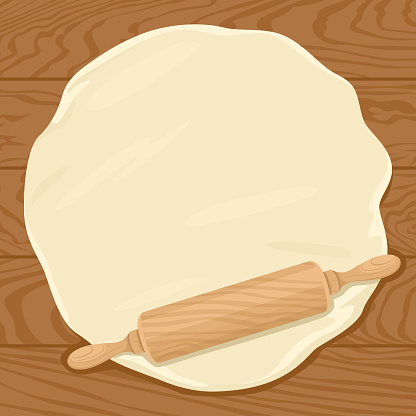 Rolling pin and dough isolated on wooden background. Vector illustration in cartoon flat style. Empty place for text.