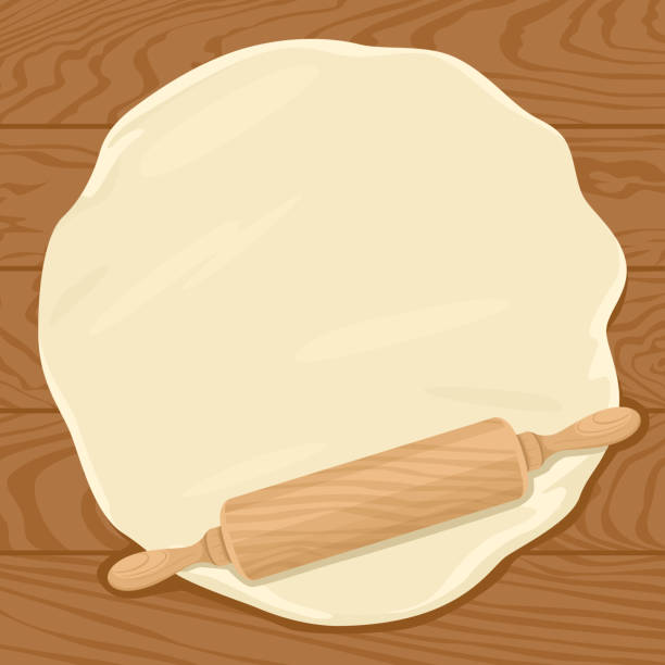 Rolling pin and dough isolated on wooden background. Vector illustration in cartoon flat style. Empty place for text. Rolling pin and dough isolated on wooden background. Vector illustration in cartoon flat style. Empty place for text. rolling dough stock illustrations