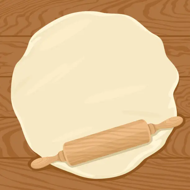 Vector illustration of Rolling pin and dough isolated on wooden background. Vector illustration in cartoon flat style. Empty place for text.