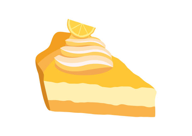 Slice of a lemon pie icon vector Fruit cake with lemon vector. Lemon Cream Pie icon isolated on a white background. Piece of cake with whipped cream and lemon icon vector. Sweet yellow dessert icon meringue stock illustrations