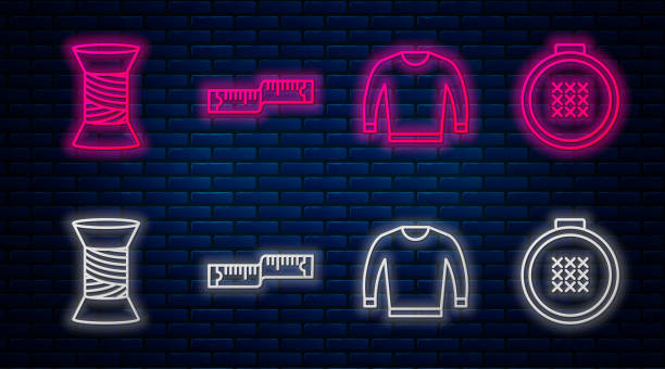 set linie tape maß, pullover, nähfaden auf spule und runde verstellbare stickrahmen. glühende neon-ikone auf ziegelwand. vektor - ruler tape measure instrument of measurement centimeter stock-grafiken, -clipart, -cartoons und -symbole