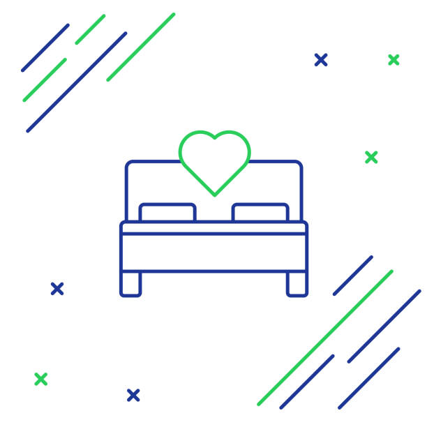 ilustrações, clipart, desenhos animados e ícones de linha azul e verde ícone quarto isolado em fundo branco. casamento, amor, símbolo de casamento. ícone criativo do quarto da coleção de lua de mel. conceito de contorno colorido. ilustração vetorial - honeymoon romance wedding bedroom