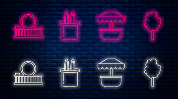 set linie magier hut und kaninchen ohren, attraktion karussell, achterbahn und zuckerwatte. glühende neon-ikone auf ziegelwand. vektor - magic magic trick magician magic wand stock-grafiken, -clipart, -cartoons und -symbole