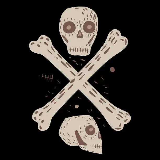Vector illustration of Composition from skulls and bones on black background. Pirate flag sketch hand drawn in style doodle.
