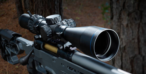 mira de rifle de alta potencia en el bosque - visor de un rifle fotografías e imágenes de stock