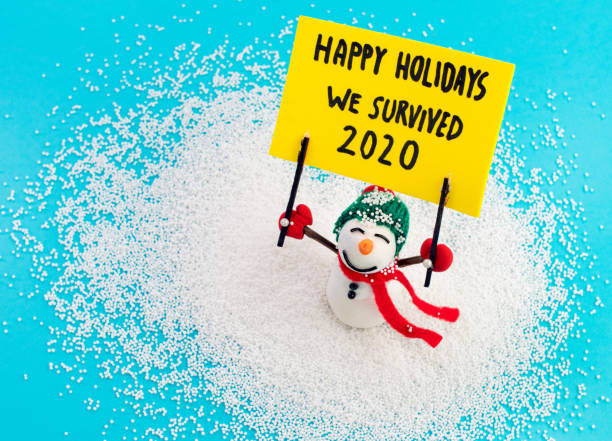 Snowman holding banner with message Happy holidays we survived 2020