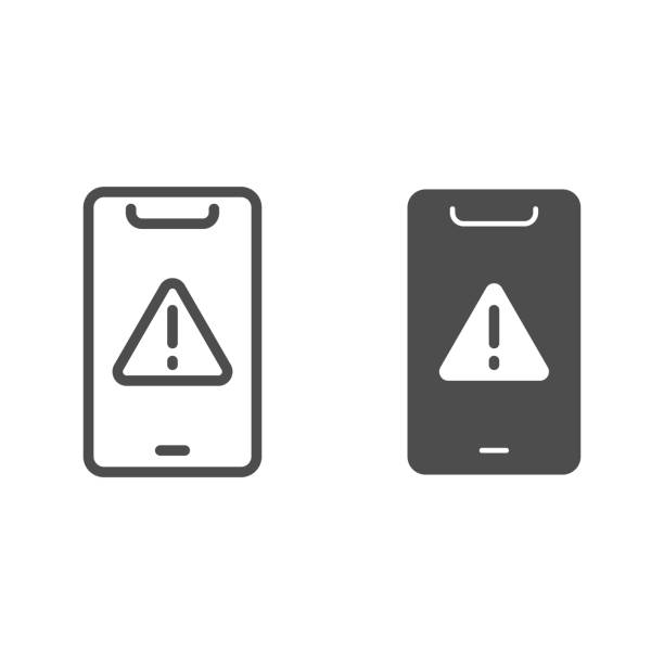 ilustrações, clipart, desenhos animados e ícones de celular com ponto de exclamação na linha triângulo e ícone sólido, conceito de smartphone, sinal de alerta de smartphone em fundo branco, sinal de atenção no ícone do telefone no estilo contorno. gráficos vetoriais. - design ready illustrations