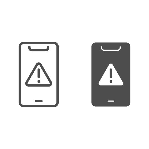 Mobile with exclamation mark in triangle line and solid icon, smartphone concept, smartphone warning alert sign on white background, attention sign on phone icon in outline style. Vector graphics. Mobile with exclamation mark in triangle line and solid icon, smartphone concept, smartphone warning alert sign on white background, attention sign on phone icon in outline style. Vector graphics notification icon illustrations stock illustrations