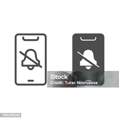 istock Silent mode on smartphone line and solid icon, smartphone review concept, no bell on mobile sign on white background, turn off phone ringer icon in outline style for mobile concept. Vector graphics. 1284088268