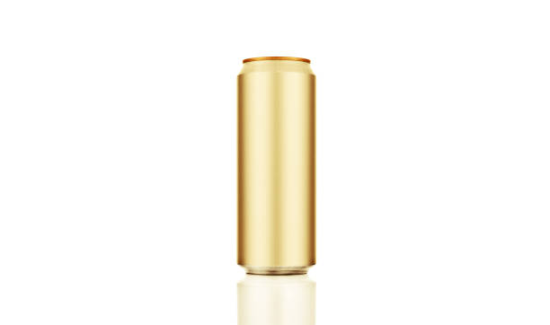 Gold aluminum can on white background, with reflection