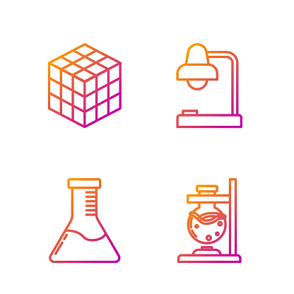 Set line Glass test tube flask on fire, Test tube and flask chemical laboratory, Rubik cube and Table lamp. Gradient color icons. Vector