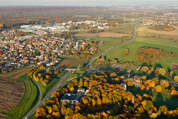 Bruyères-le-Châtel city seen from the sky in Autumn. Bruyères-le-Châtel, France - October 30, 2015:  city seen from the sky in Autumn; Ile-de-France région, France essonne stock pictures, royalty-free photos & images