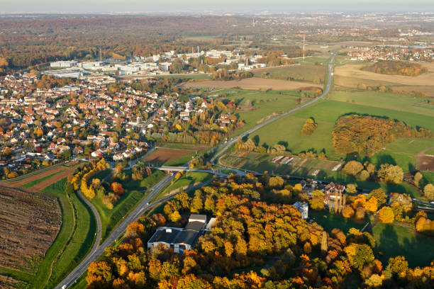 Bruyères-le-Châtel city seen from the sky in Autumn. Bruyères-le-Châtel, France - October 30, 2015: city seen from the sky in Autumn; Ile-de-France région, France essonne stock pictures, royalty-free photos & images