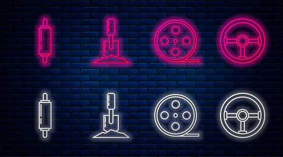 Set Line Shovel In The Ground Film Reel Rolling Pin And Steering Wheel  Glowing Neon Icon On Brick Wall Vector Stock Illustration - Download Image  Now - iStock