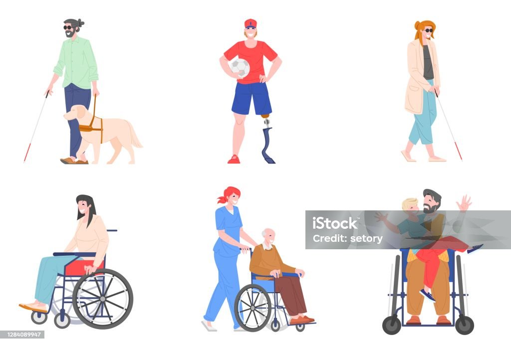 Collection Of Disabled People Cartoon Characters With Prosthesis Wheelchairs  Visually Impaired Vector Illustration Stock Illustration - Download Image  Now - iStock