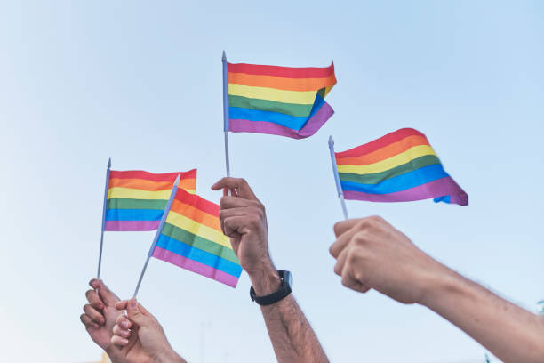 Crowd Waving Rainbow Flags At Pride Parade Crowd Waving Rainbow Flags At Pride Parade in a sunny day rainbow flag stock pictures, royalty-free photos & images