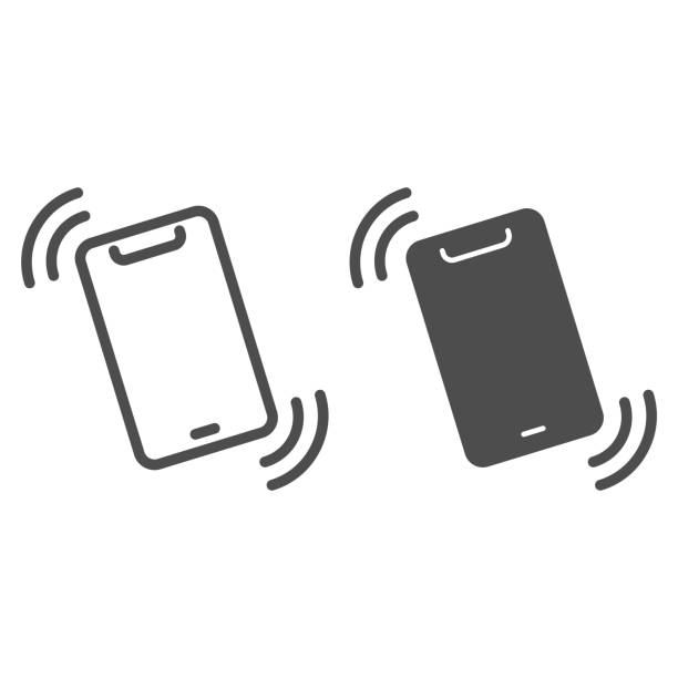 스마트폰 라인과 솔리드 아이콘의 진동 경고, 스마트폰 컨셉, 흰색 배경의 모바일 통화 사인, 모바일 컨셉 및 웹 디자인의 윤곽선 스타일로 전화 아이콘을 울리는 경우. 벡터 그래픽. - phone stock illustrations