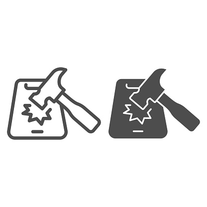 Hammer and smartphone line and solid icon, smartphone review concept, hammer hits mobile sign on white background, hammer breaks phone icon in outline style for mobile concept. Vector graphics