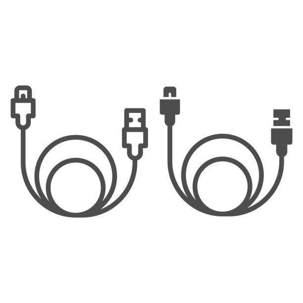 usbケーブルラインと固体アイコン、スマートフォン機器のコンセプト、白い背景にデータ伝送サイン用ワイヤー、概略スタイルでスマートフォンのアイコンを充電するためのusbケーブル。ベ� - usb wire点のイラスト素材／クリップアート素材／マンガ素材／アイコン素材